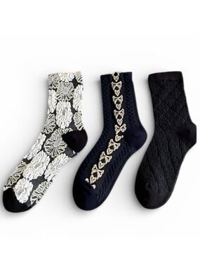 3 Pairs Textured Black, Navy and Ivory Embroidered Socks Vintage Look